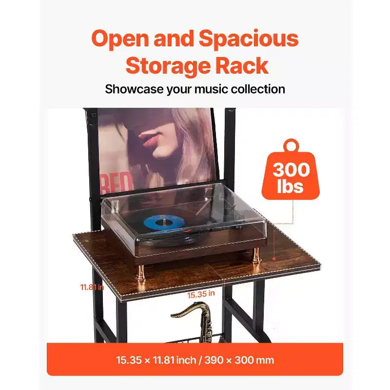 Record Player Stand, 5 Tiers Tall Vinyl Record with Charging Station & USB Ports, Holds up to 200 Albums, Turntable Stand, Black