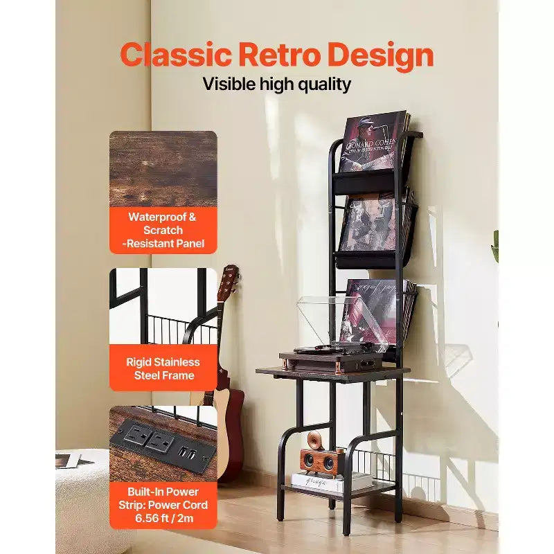 Record Player Stand, 5 Tiers Tall Vinyl Record with Charging Station & USB Ports, Holds up to 200 Albums, Turntable Stand, Black