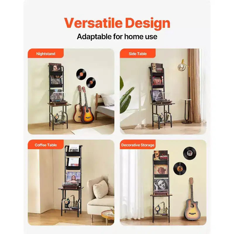 Record Player Stand, 5 Tiers Tall Vinyl Record with Charging Station & USB Ports, Holds up to 200 Albums, Turntable Stand, Black