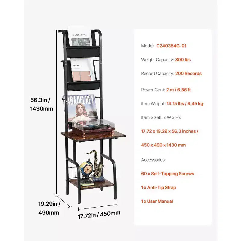 Record Player Stand, 5 Tiers Tall Vinyl Record with Charging Station & USB Ports, Holds up to 200 Albums, Turntable Stand, Black