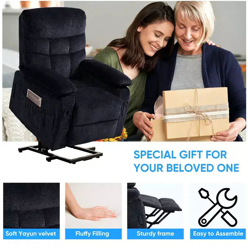 Large Size Velvet Power Lift Recliner Chair With Lumbar Heating And 8-Point Vibration Massage, Armchair For Elderly
