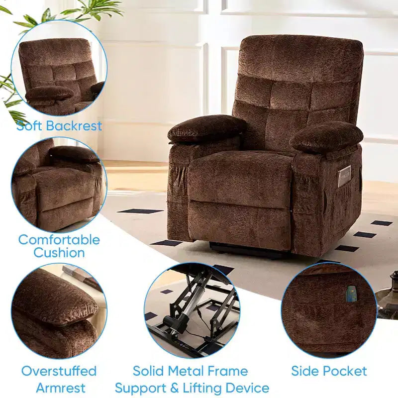 Large Size Velvet Power Lift Recliner Chair With Lumbar Heating And 8-Point Vibration Massage, Armchair For Elderly