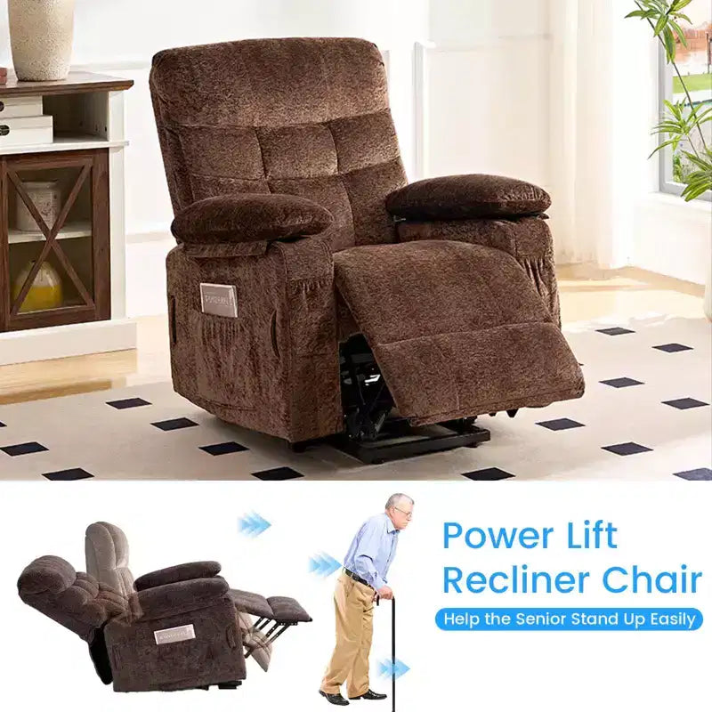 Large Size Velvet Power Lift Recliner Chair With Lumbar Heating And 8-Point Vibration Massage, Armchair For Elderly