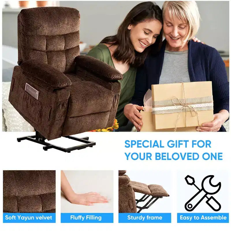 Large Size Velvet Power Lift Recliner Chair With Lumbar Heating And 8-Point Vibration Massage, Armchair For Elderly