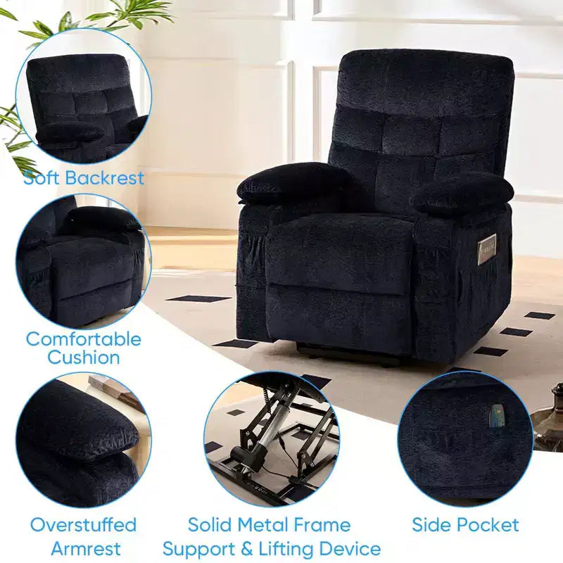 Large Size Velvet Power Lift Recliner Chair With Lumbar Heating And 8-Point Vibration Massage, Armchair For Elderly