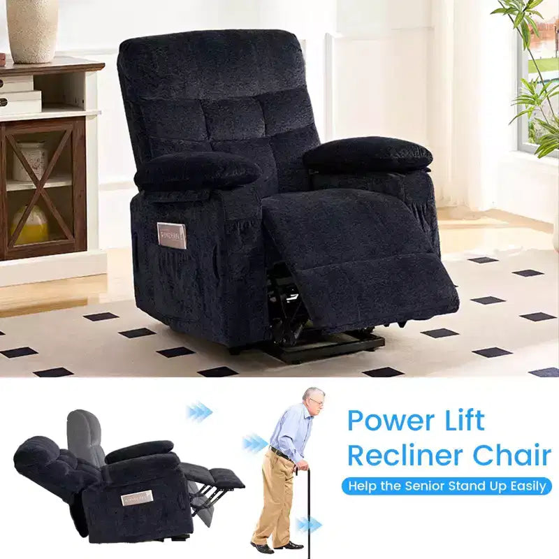 Large Size Velvet Power Lift Recliner Chair With Lumbar Heating And 8-Point Vibration Massage, Armchair For Elderly