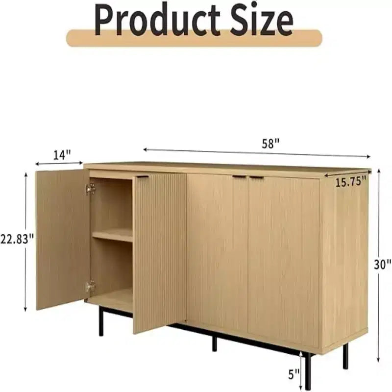 58-Inch Buffet Cabinet with Storage, Adjustable Shelves & Fluted Doors for Living Room