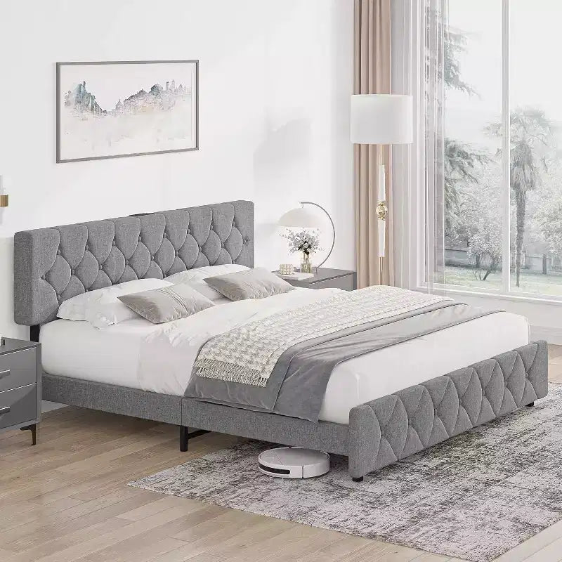 Linen Upholstered Platform Bed w/Adjustable Headboard & USB Ports - No Box Spring, Noise-Free Slats, Easy Assembly (Gray)
