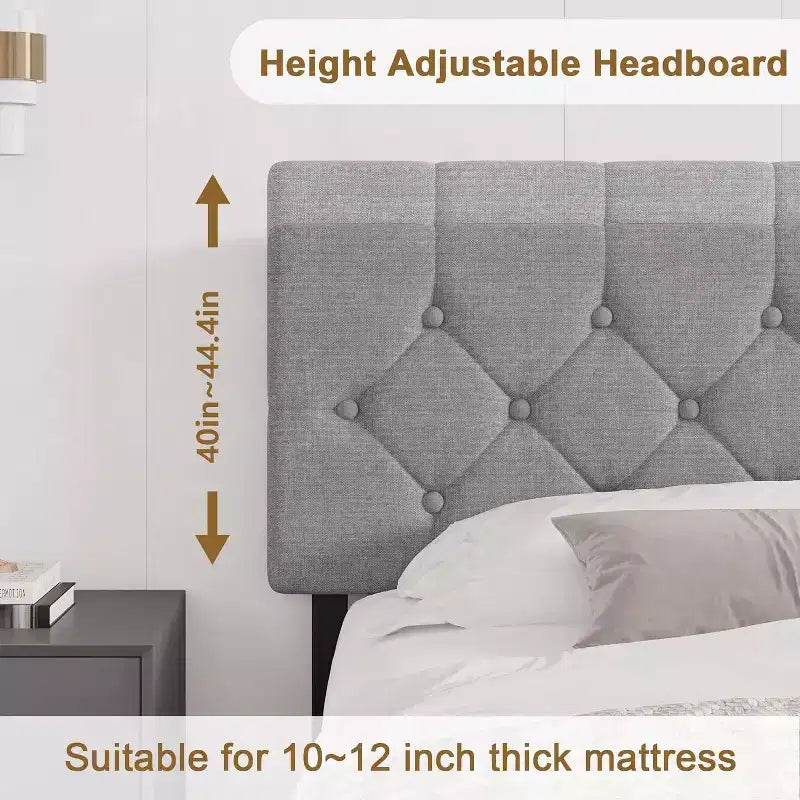 Linen Upholstered Platform Bed with Adjustable Headboard & USB Ports (Gray)