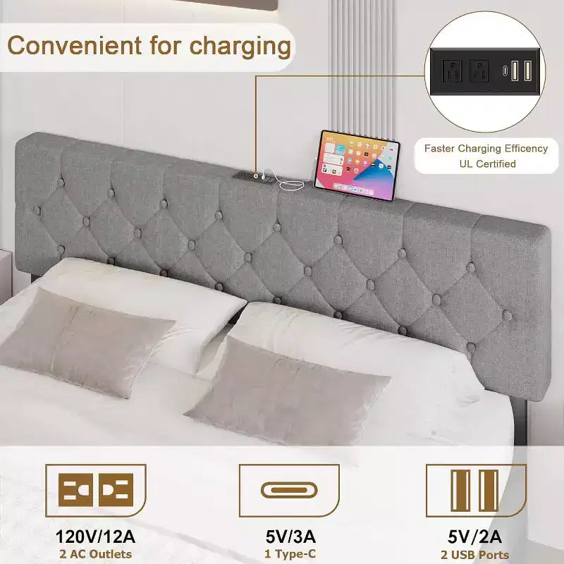 Linen Upholstered Platform Bed with Adjustable Headboard & USB Ports (Gray)