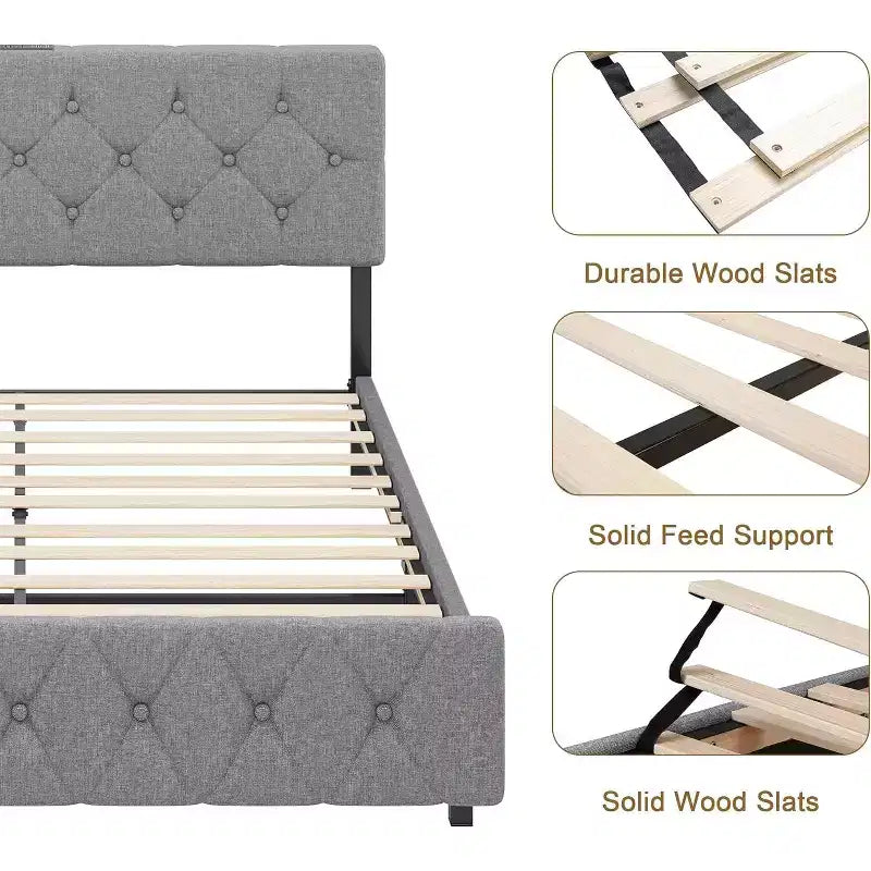 Linen Upholstered Platform Bed with Adjustable Headboard & USB Ports (Gray)
