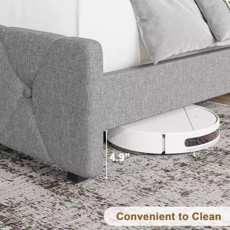 Linen Upholstered Platform Bed with Adjustable Headboard & USB Ports (Gray)