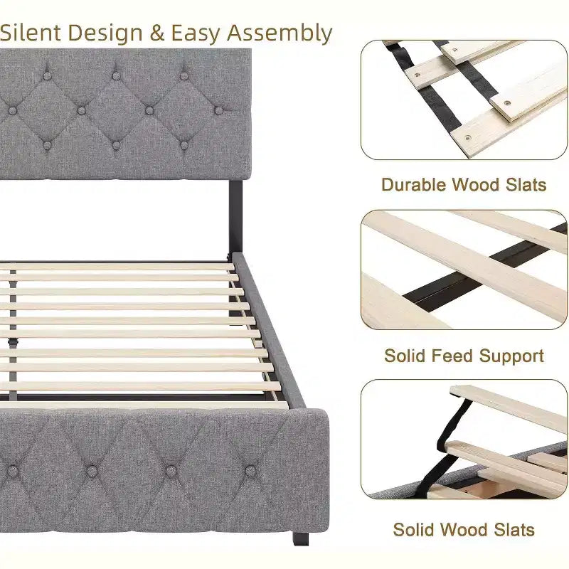Linen Upholstered Platform Bed with Adjustable Headboard & USB Ports (Gray)