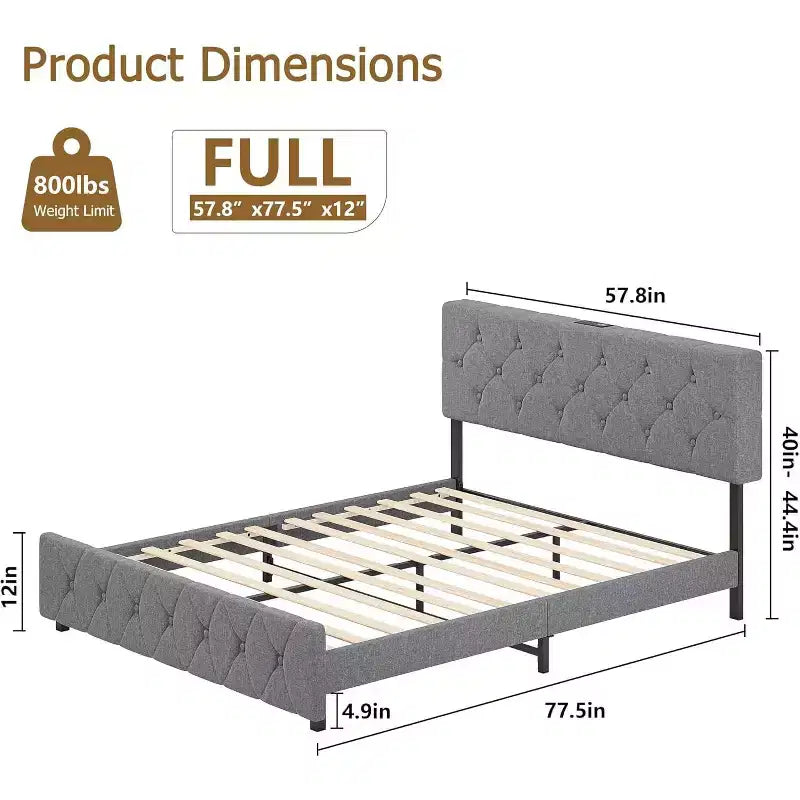 Linen Upholstered Platform Bed with Adjustable Headboard & USB Ports (Gray)