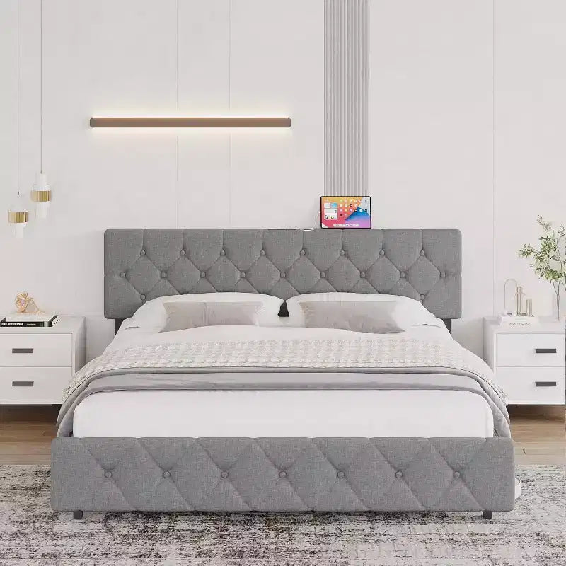 Linen Upholstered Platform Bed with Adjustable Headboard & USB Ports (Gray)