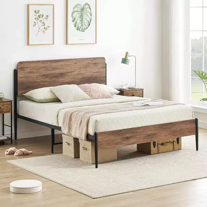 Queen Bed Frame w/Walnut Headboard & Footboard - Heavy Duty Metal Platform, 12.6 Storage, No Box Spring Needed, Easy Assembly