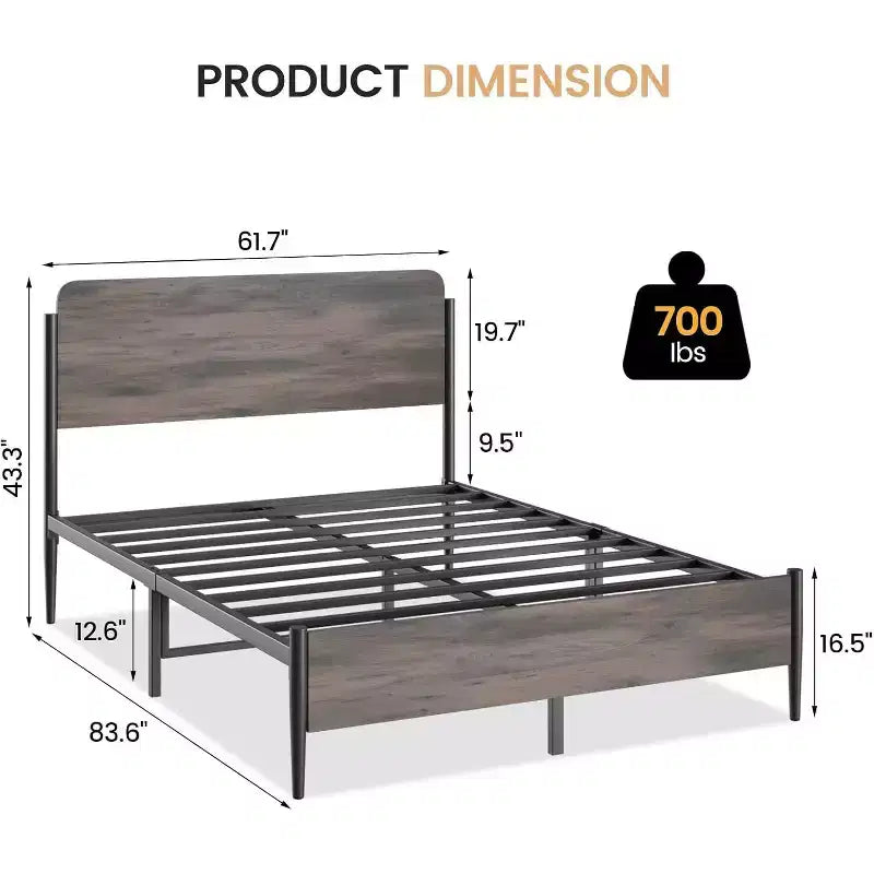 Bed Frame - Walnut Finish, Heavy Duty Metal Platform