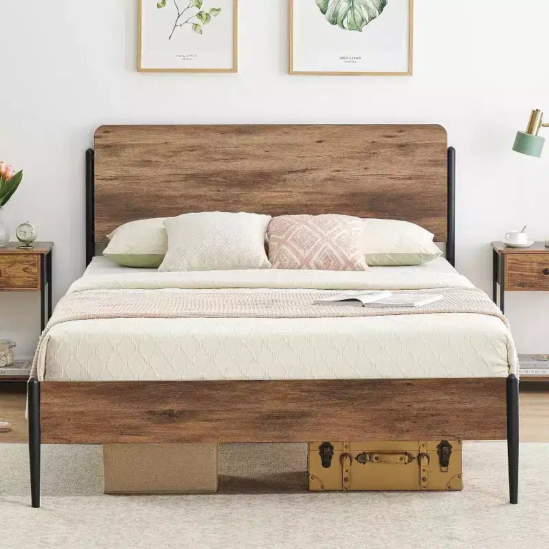 Bed Frame - Walnut Finish, Heavy Duty Metal Platform