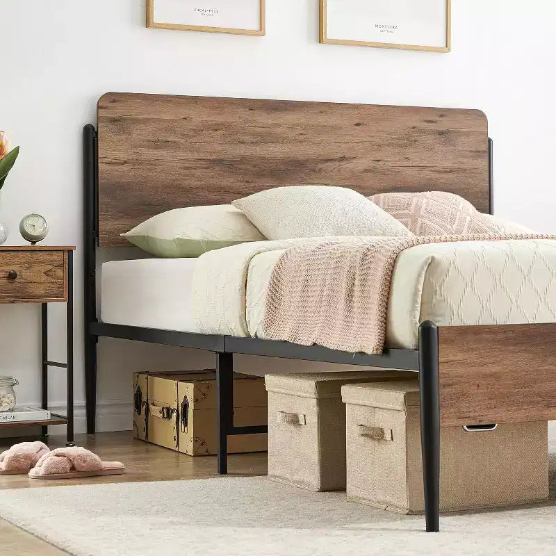 Bed Frame - Walnut Finish, Heavy Duty Metal Platform