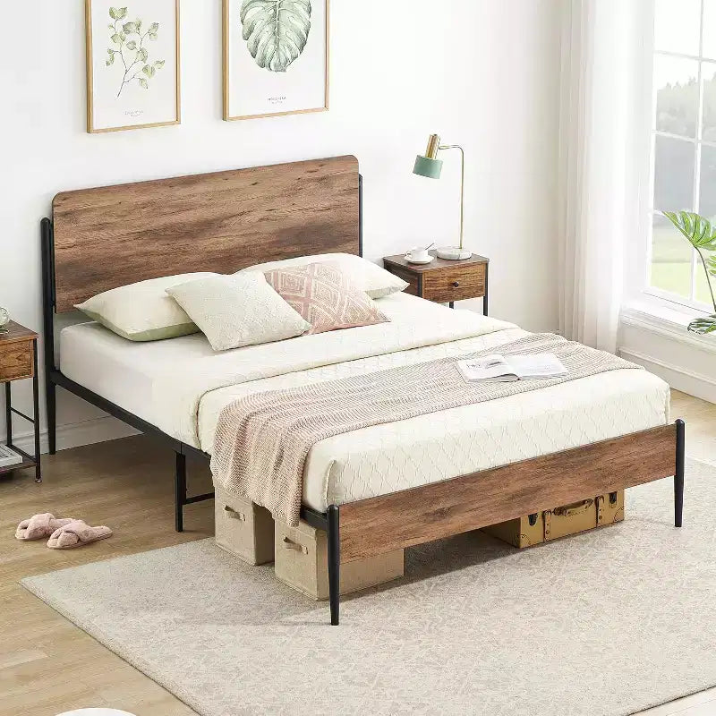 Bed Frame - Walnut Finish, Heavy Duty Metal Platform