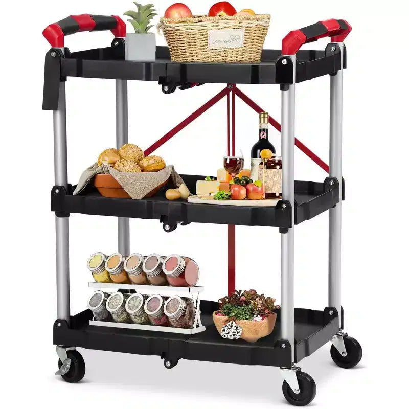 2025 New Folding Collapsible Service Cart, 3 Tier Portable Utility Rolling Cart, 56 Lb. Load Capacity per Shelf, with Wheels and Ergonomic Handle
