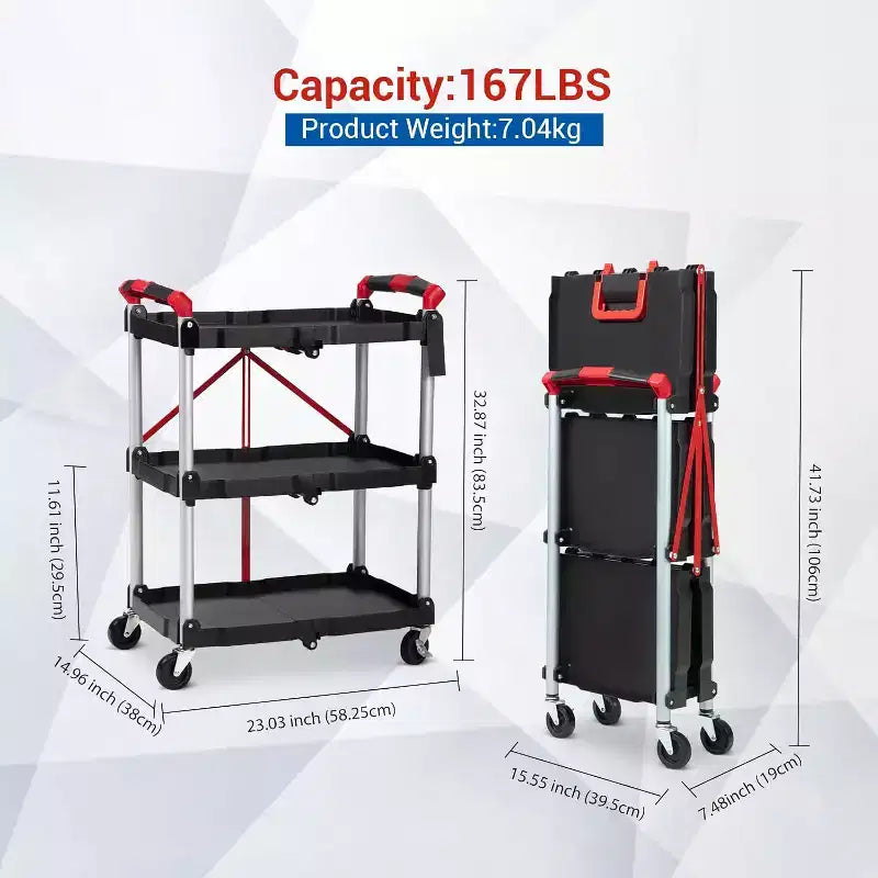 Folding Collapsible Service Cart, 3-Tier Portable Utility Rolling Cart, 56 Lb. Load Capacity per Shelf, with Wheels and Ergonomic Handle