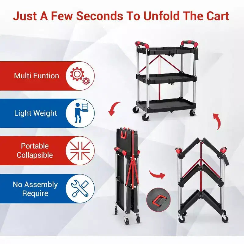 Folding Collapsible Service Cart, 3-Tier Portable Utility Rolling Cart, 56 Lb. Load Capacity per Shelf, with Wheels and Ergonomic Handle