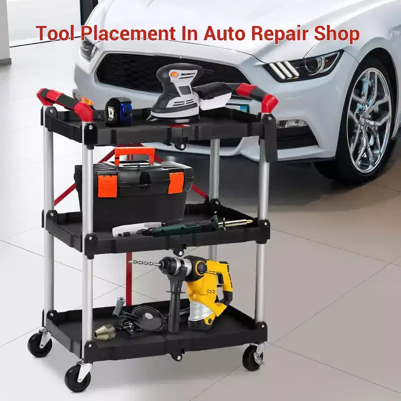 Folding Collapsible Service Cart, 3-Tier Portable Utility Rolling Cart, 56 Lb. Load Capacity per Shelf, with Wheels and Ergonomic Handle