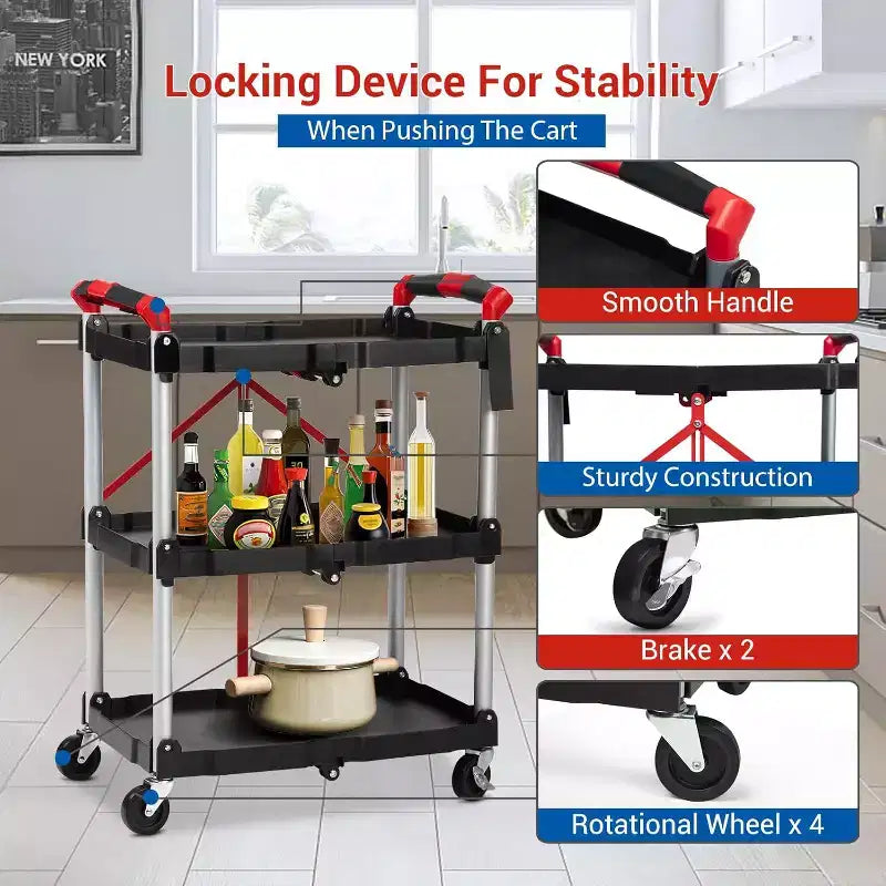 Folding Collapsible Service Cart, 3-Tier Portable Utility Rolling Cart, 56 Lb. Load Capacity per Shelf, with Wheels and Ergonomic Handle