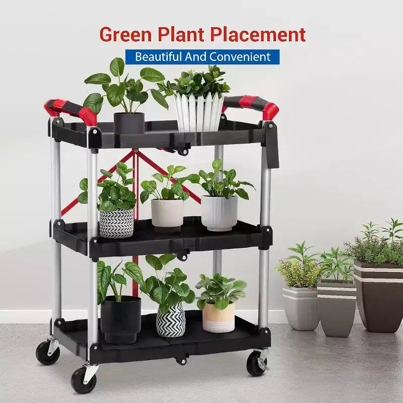 Folding Collapsible Service Cart, 3-Tier Portable Utility Rolling Cart, 56 Lb. Load Capacity per Shelf, with Wheels and Ergonomic Handle