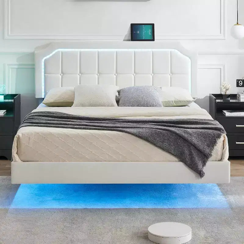 Floating Bed Frame with RGB LED Lights - Upholstered Platform with Adjustable Button Tufted Headboard, No Box Spring Needed, Easy to Assemble