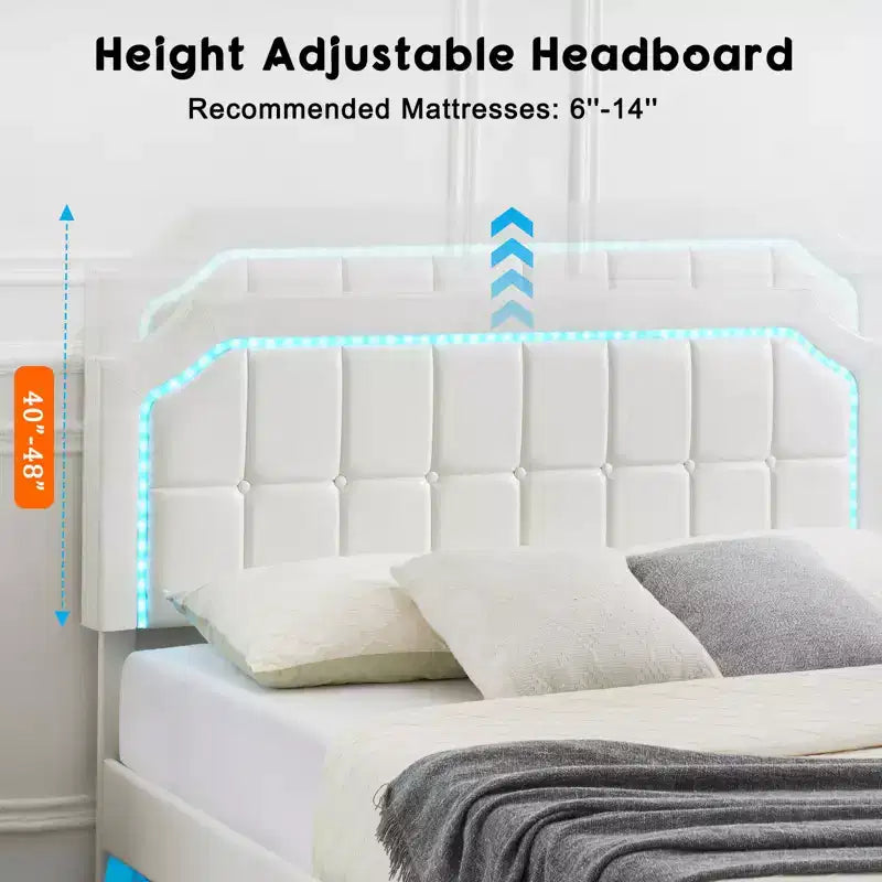 Floating Bed Frame with RGB LED Lights - Upholstered Platform Bed with Adjustable Tufted Headboard