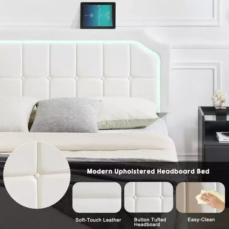 Floating Bed Frame with RGB LED Lights - Upholstered Platform Bed with Adjustable Tufted Headboard