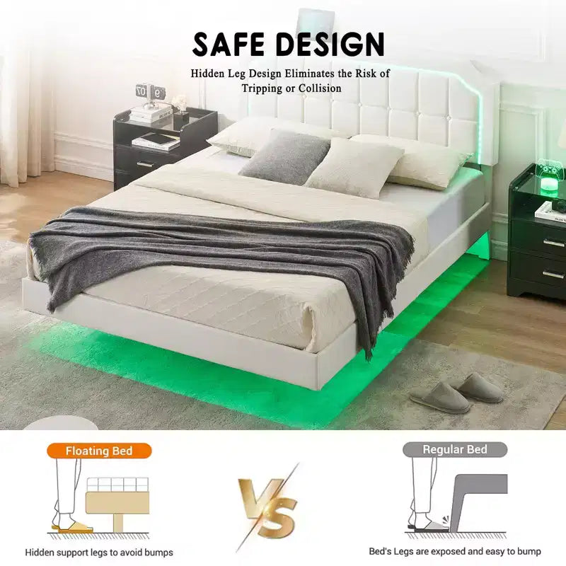 Floating Bed Frame with RGB LED Lights - Upholstered Platform Bed with Adjustable Tufted Headboard