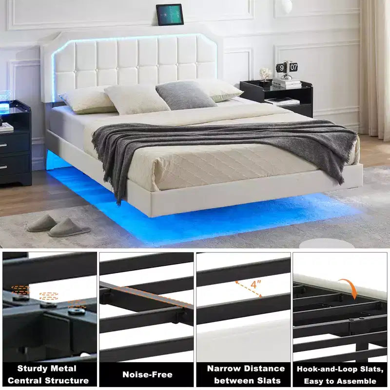 Floating Bed Frame with RGB LED Lights - Upholstered Platform Bed with Adjustable Tufted Headboard