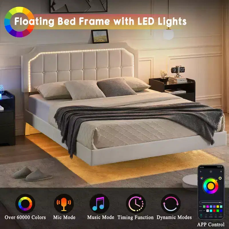 Floating Bed Frame with RGB LED Lights - Upholstered Platform Bed with Adjustable Tufted Headboard