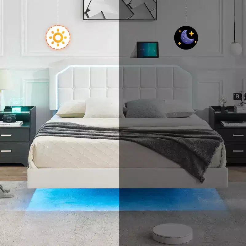 Floating Bed Frame with RGB LED Lights - Upholstered Platform Bed with Adjustable Tufted Headboard