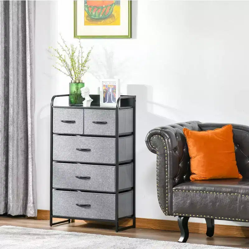 Dresser for Bedroom with 9 Drawers, Storage Chest of Drawers with Easy Pull Fabric Bins, Wood Top Steel Frame for Closet Laundry Entryway