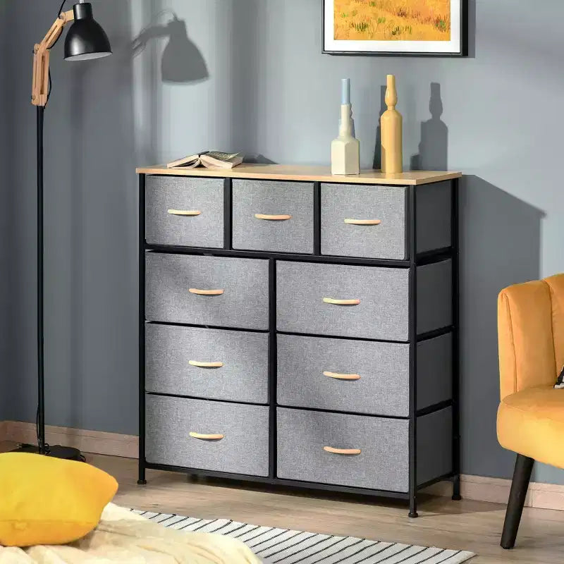 Dresser for Bedroom with 9 Drawers, Storage Chest of Drawers with Easy Pull Fabric Bins, Wood Top Steel Frame for Closet Laundry Entryway