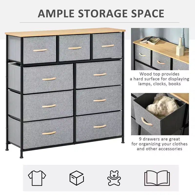 Dresser for Bedroom with 9 Drawers, Storage Chest of Drawers with Easy Pull Fabric Bins, Wood Top Steel Frame for Closet Laundry Entryway