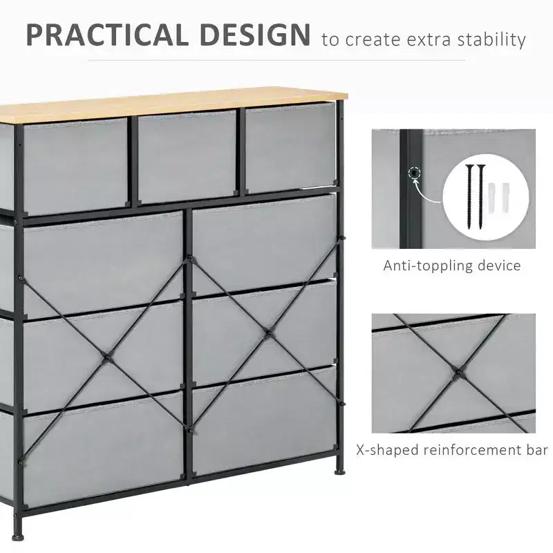 Dresser for Bedroom with 9 Drawers, Storage Chest of Drawers with Easy Pull Fabric Bins, Wood Top Steel Frame for Closet Laundry Entryway