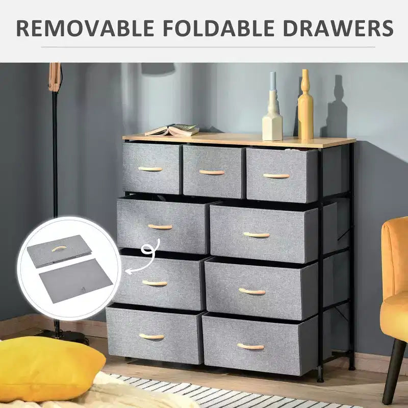 Dresser for Bedroom with 9 Drawers, Storage Chest of Drawers with Easy Pull Fabric Bins, Wood Top Steel Frame for Closet Laundry Entryway
