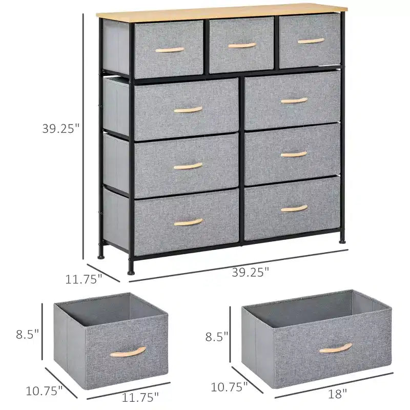Dresser for Bedroom with 9 Drawers, Storage Chest of Drawers with Easy Pull Fabric Bins, Wood Top Steel Frame for Closet Laundry Entryway