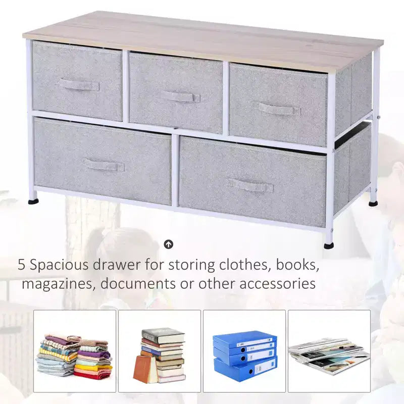 Dresser for Bedroom with 9 Drawers, Storage Chest of Drawers with Easy Pull Fabric Bins, Wood Top Steel Frame for Closet Laundry Entryway