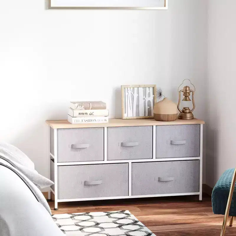 Dresser for Bedroom with 9 Drawers, Storage Chest of Drawers with Easy Pull Fabric Bins, Wood Top Steel Frame for Closet Laundry Entryway