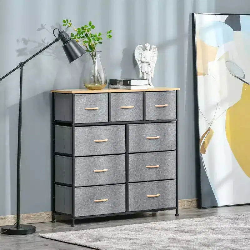 Okak Dresser for Bedroom with 9 Drawers,Storage Chest of Drawers with Easy Pull Fabric Bins,Wood Top Steel Frame for Closet Laundry Entryway