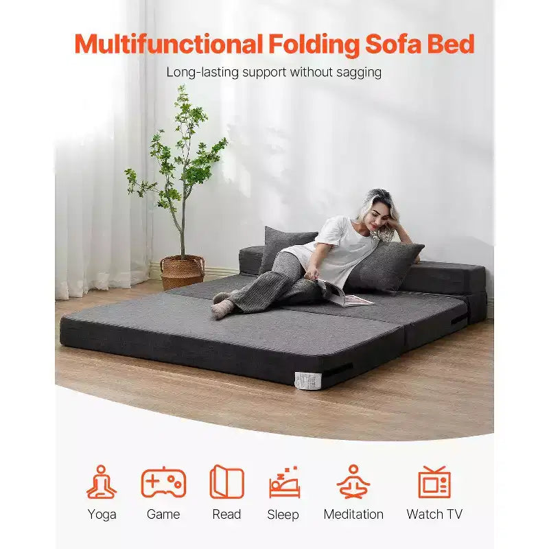 Folding Sofa Bed, 3-in-1 Foldable Couch Bed with 2 Pillows and Washable Cover, High Density Memory Foam Sleeper Chair Bed, Dark Grey (Queen)