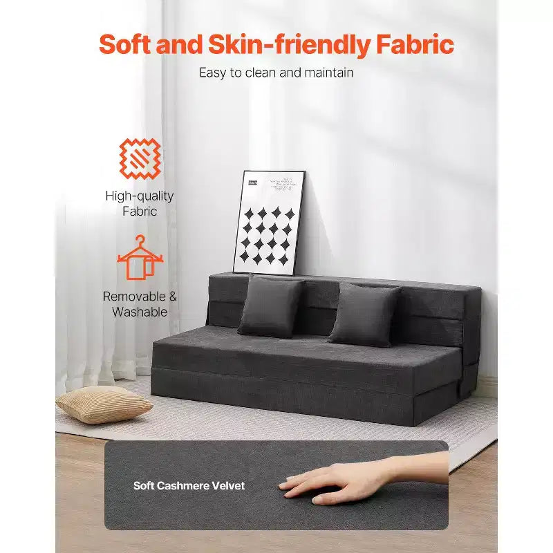Folding Sofa Bed, 3-in-1 Foldable Couch Bed with 2 Pillows and Washable Cover, High Density Memory Foam Sleeper Chair Bed, Dark Grey (Queen)