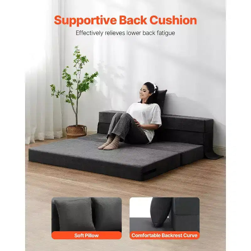 Folding Sofa Bed, 3-in-1 Foldable Couch Bed with 2 Pillows and Washable Cover, High Density Memory Foam Sleeper Chair Bed, Dark Grey (Queen)