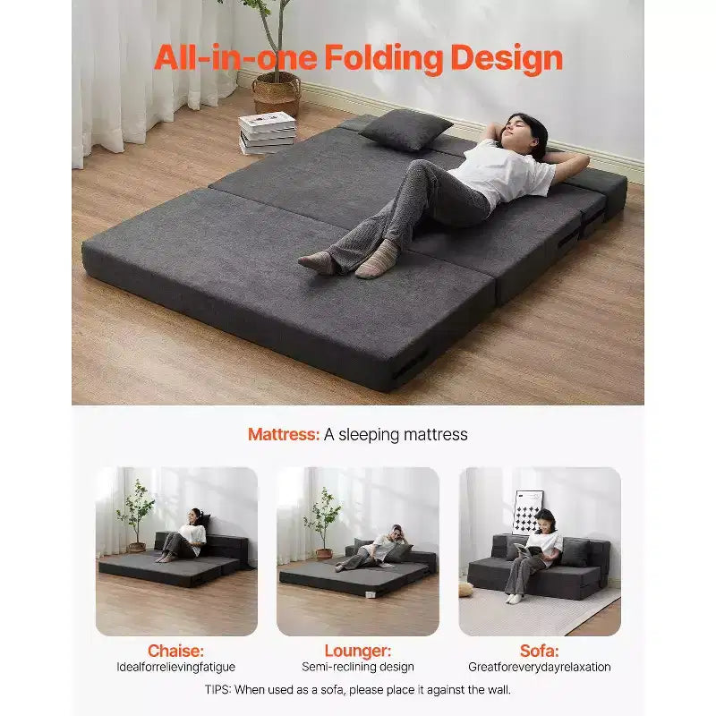 Folding Sofa Bed, 3-in-1 Foldable Couch Bed with 2 Pillows and Washable Cover, High Density Memory Foam Sleeper Chair Bed, Dark Grey (Queen)